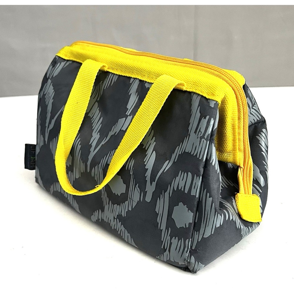 LIFOAM Insulated Lunch Bag Gray Ikat Yellow Trim‎ Cooler Bag Wide Mouth